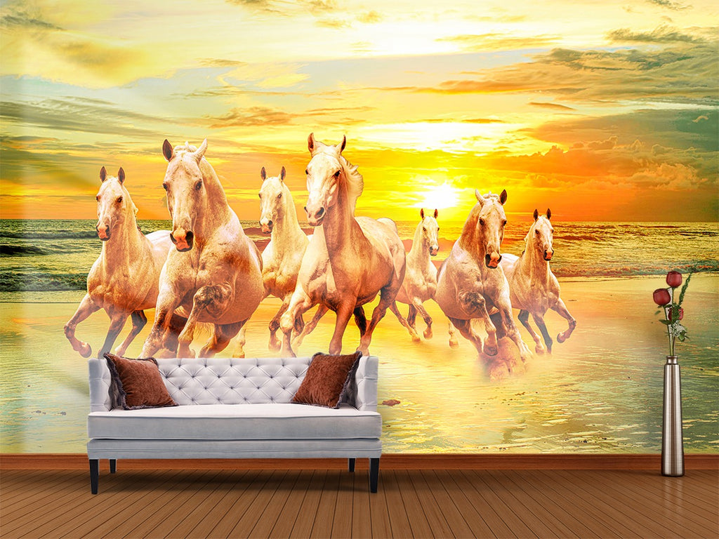 White Horses Running In Time Of Sunset Digitally Printed Wallpaper   DecorGlance
